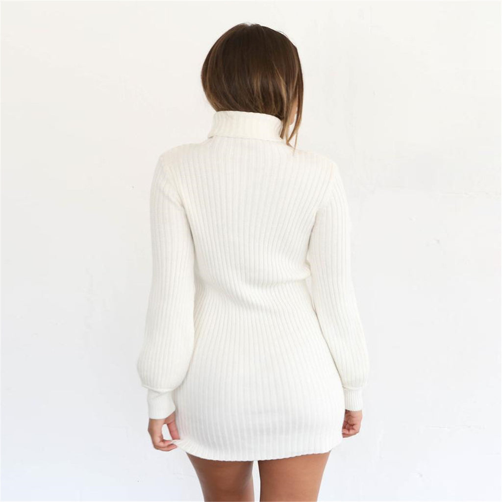 Fashion Solid Color Long-Sleeved High-Neck Bag Hip Dress