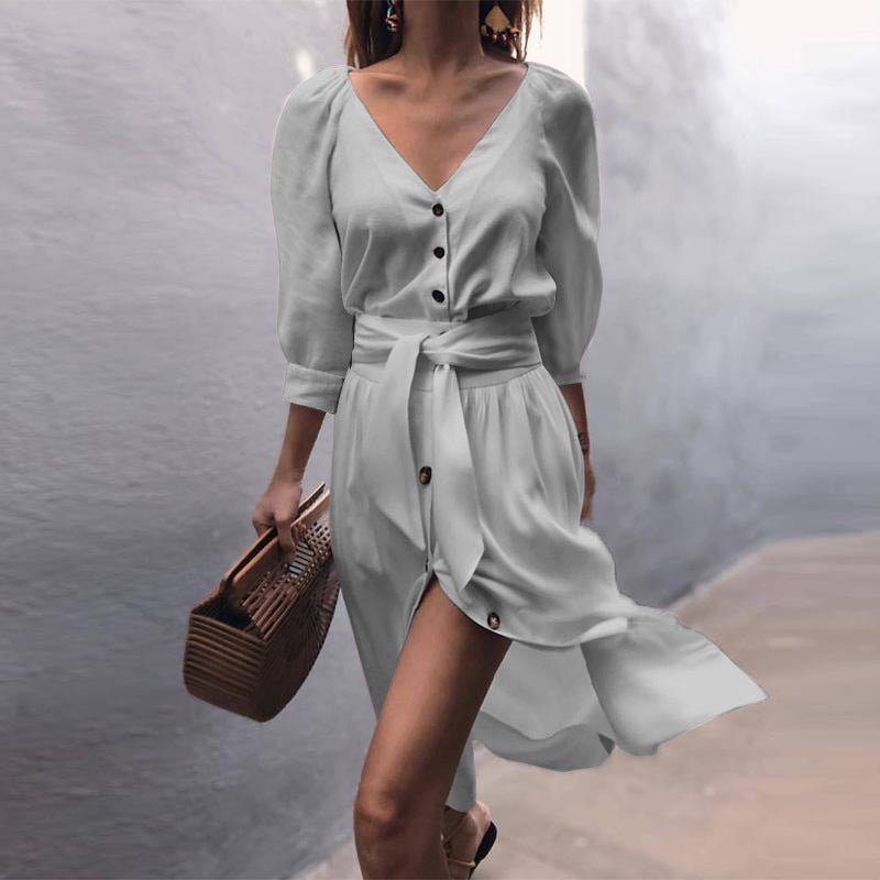 Solid Color Women'S V-Neck Dress
