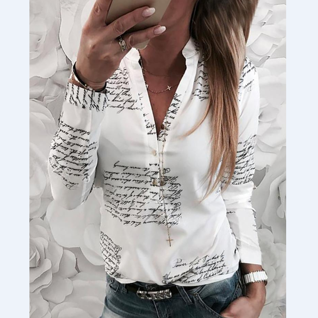 Fashion Printed Letter V-Neck Button Long Sleeve Shirt Top