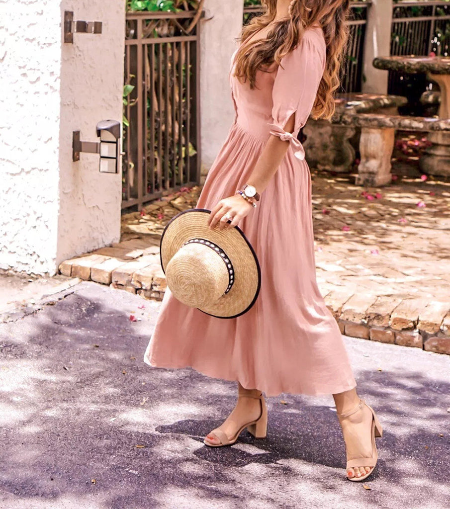 Women's Solid Color V-Neck Button Dress