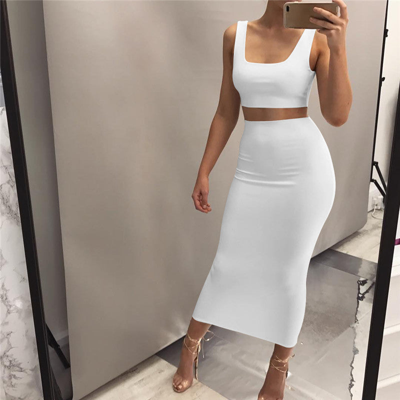 Solid Color Sexy Sleeveless Vest Two-Piece Set Dress