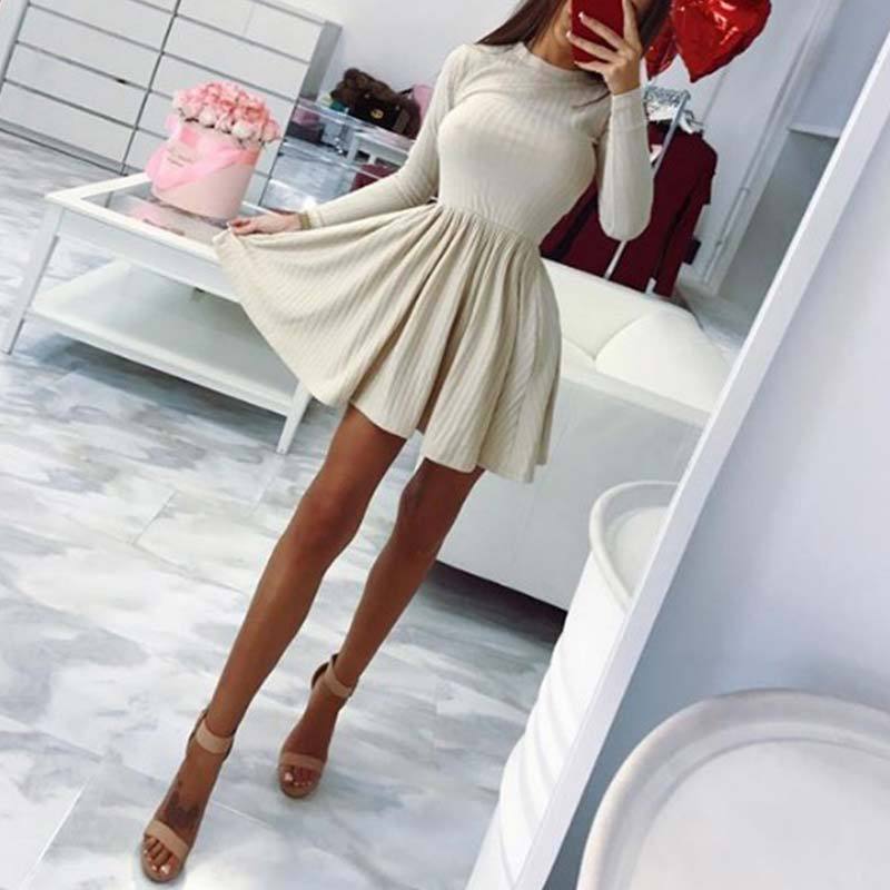 Women'S Round Neck Long Sleeve Slim Dress