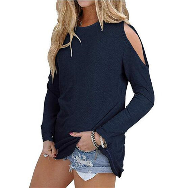 Solid Color Round Neck Long Sleeve Off Shoulder T-Shirt