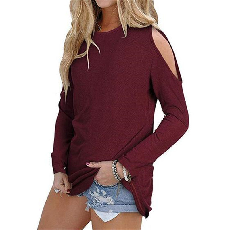 Solid Color Round Neck Long Sleeve Off Shoulder T-Shirt