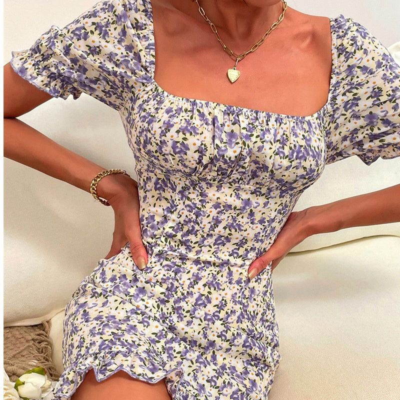 Casual Floral High Waist Short Sleeve Hip Dress