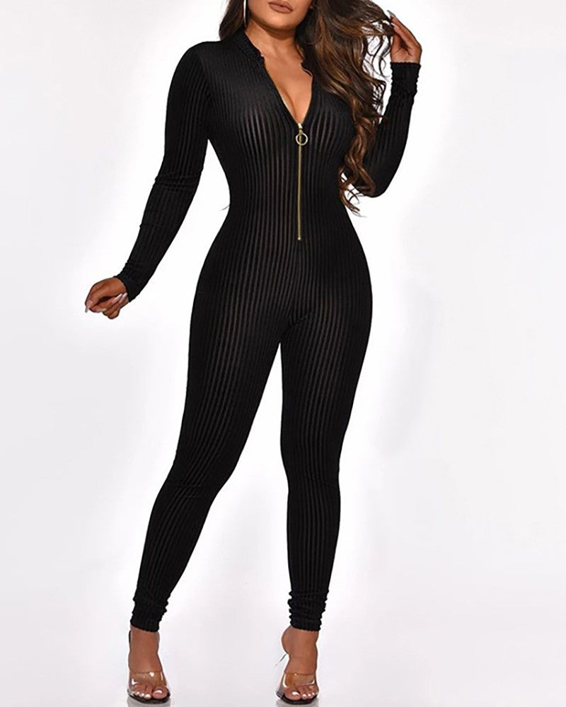 Women'S Sexy Long-Sleeved Zipper High-Waist Hip Jumpsuit