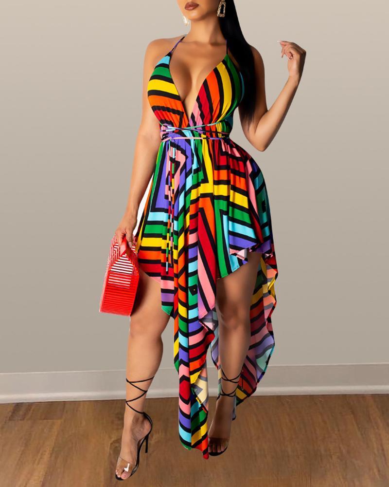 Women Sling V-Neck Printed Irregular Dress