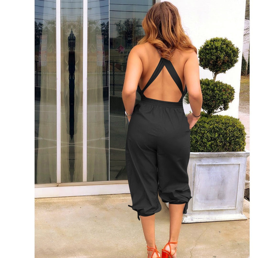 Women'S Fashion Casual Open Back V-Neck Jumpsuit