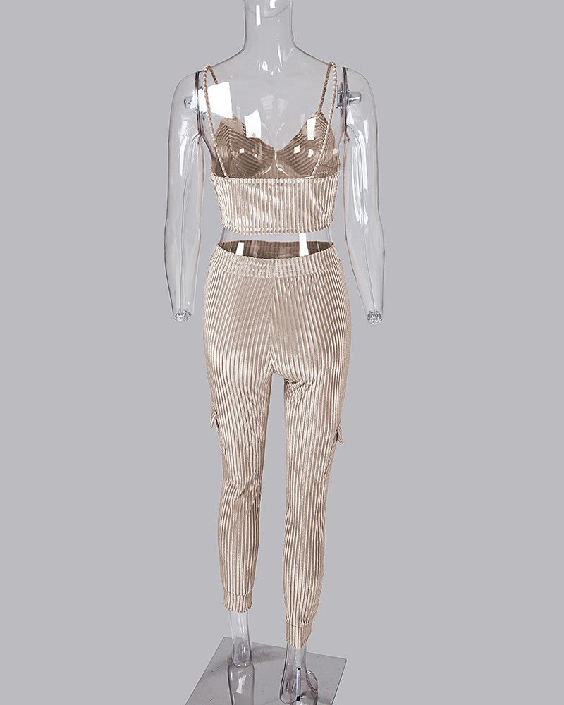 V-Neck Sexy Ribbed Crop Top + Trousers Set