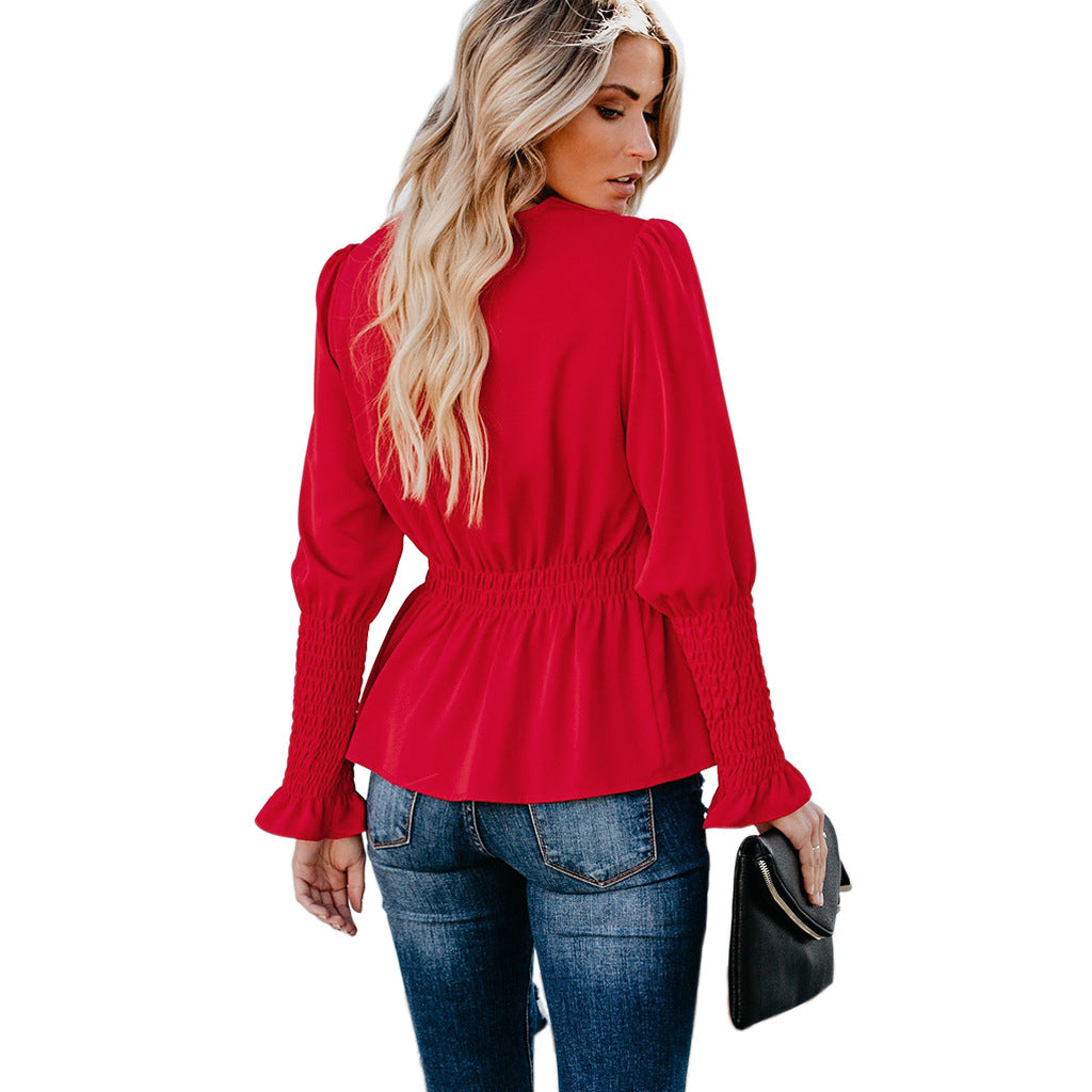Casual V-Neck Long-Sleeved Shirt Top
