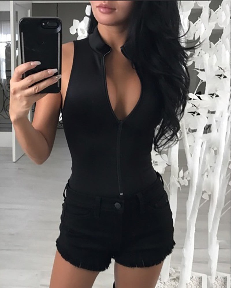 Fashion Black Zipper One-Piece Top