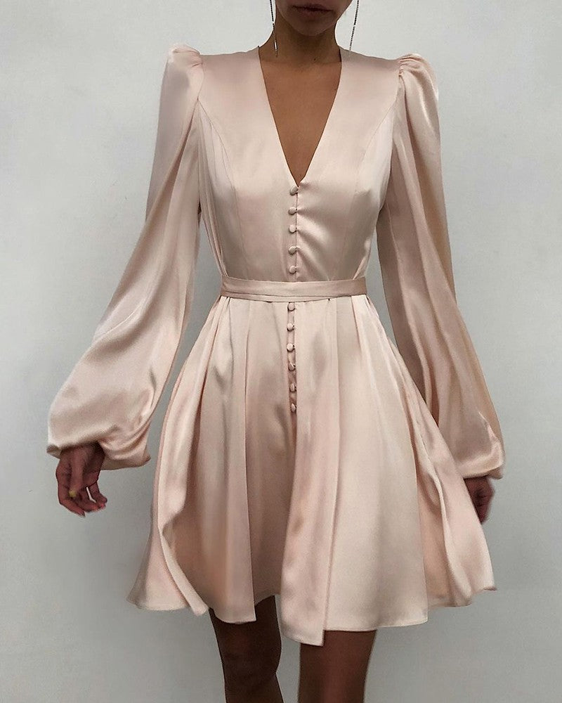 Plain Puff Sleeve Ruched Button Front Dress