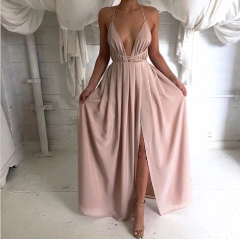 Solid Color Fashion Sexy Backless Long Sleeve Chiffon Princess Dress