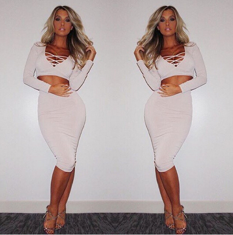 SLIM V-NECK LONG-SLEEVED TWO-PIECE DRESS