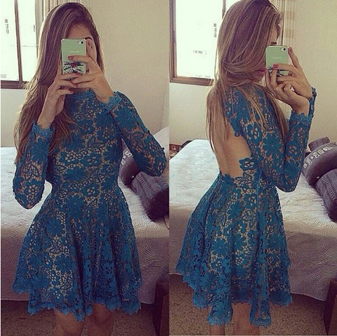 Elegant Round Neck Long-Sleeved Lace Dress