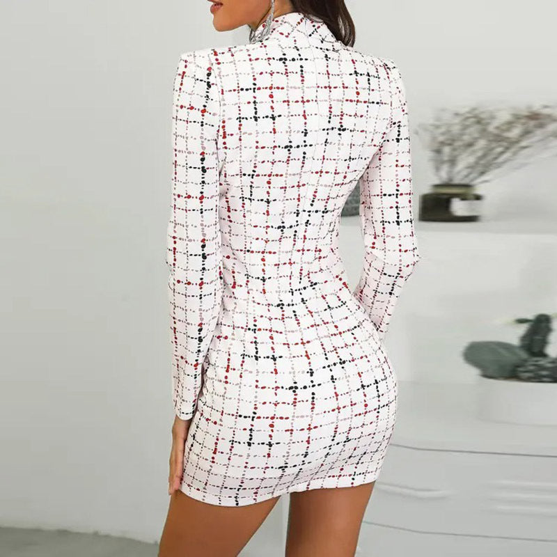 Women's Fashion Elegant Check Long Sleeve High Waist Dress