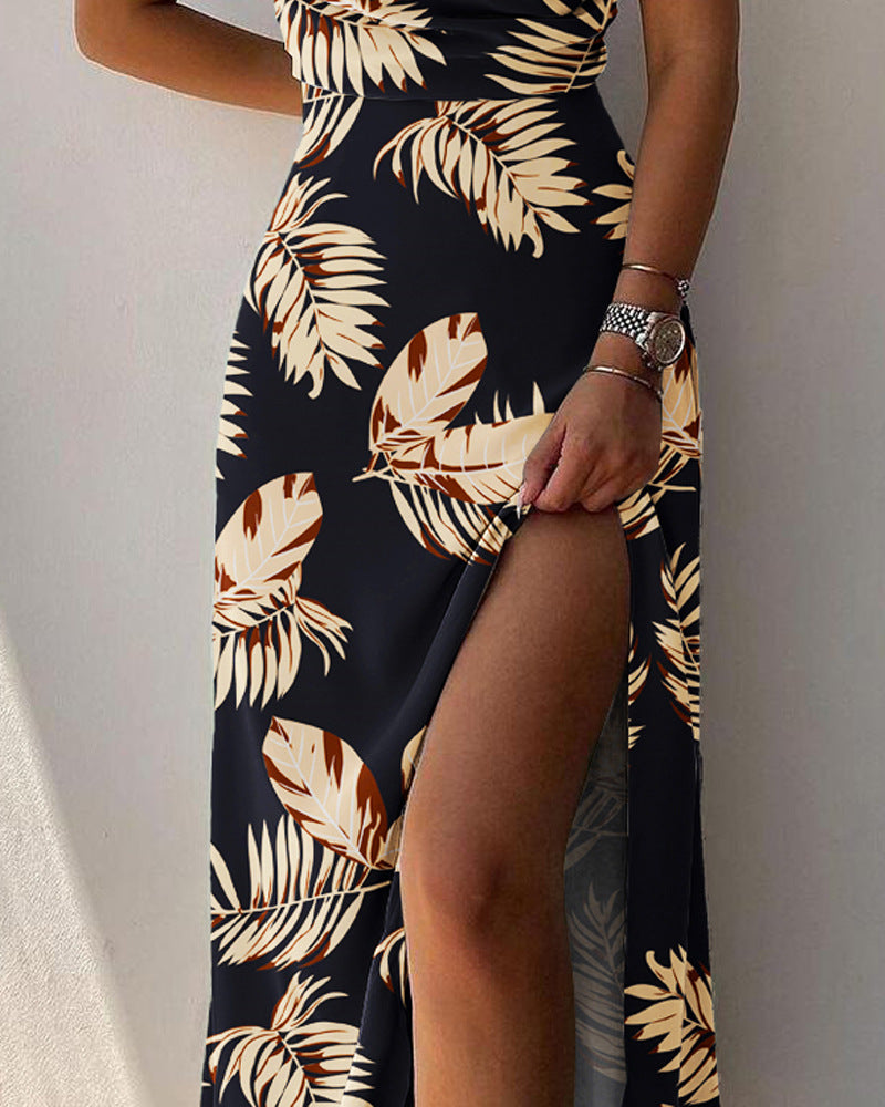 Sexy Leaf Print V-Neck Sleeveless Dress