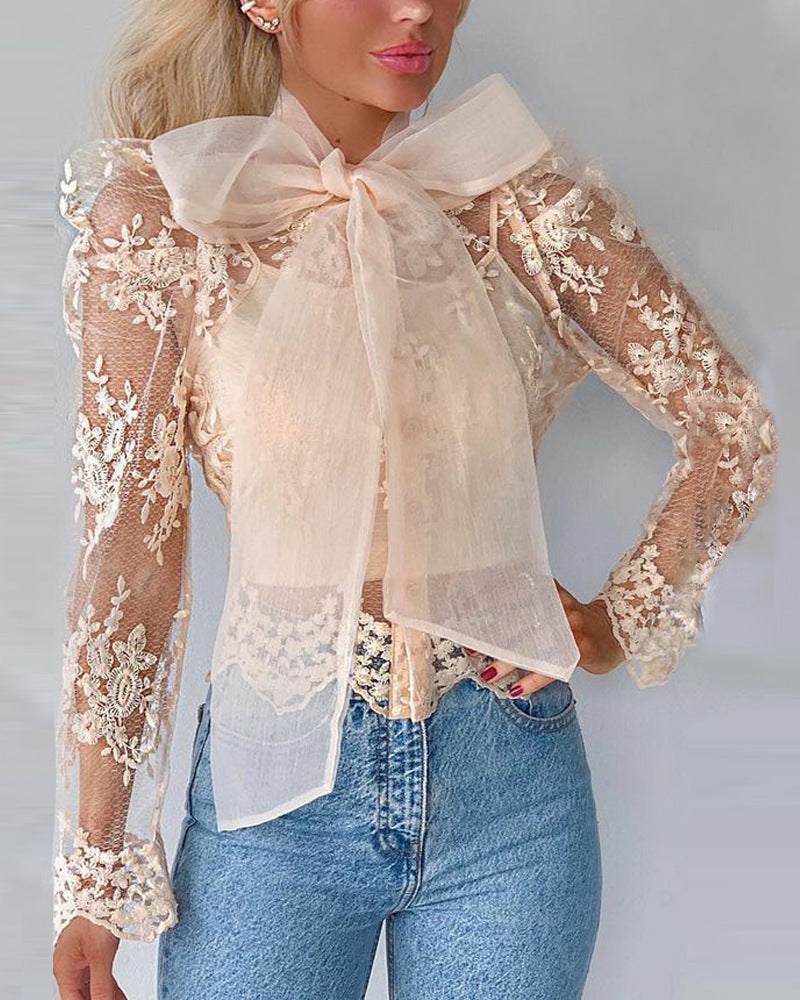 Solid Color Bowknot Mesh Shirt Top