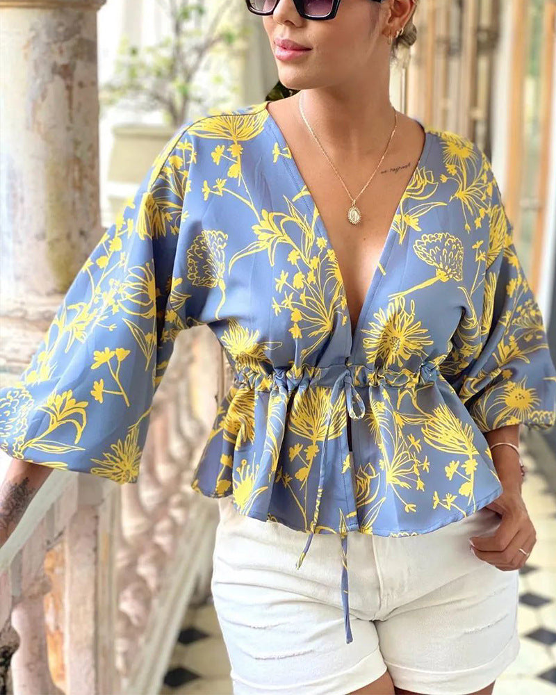 V-Neck Sexy Printed Long-Sleeved Shirt Top