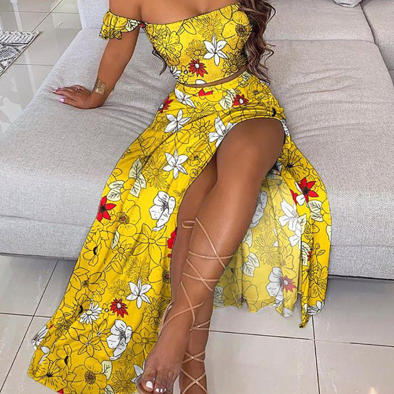 Irregular Sexy Print Slit Two Piece Dress
