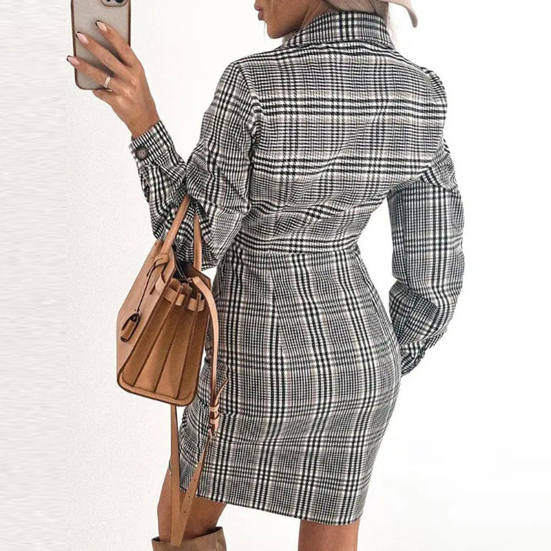 Women's Elegant Striped Plaid Button Long Sleeve Dress