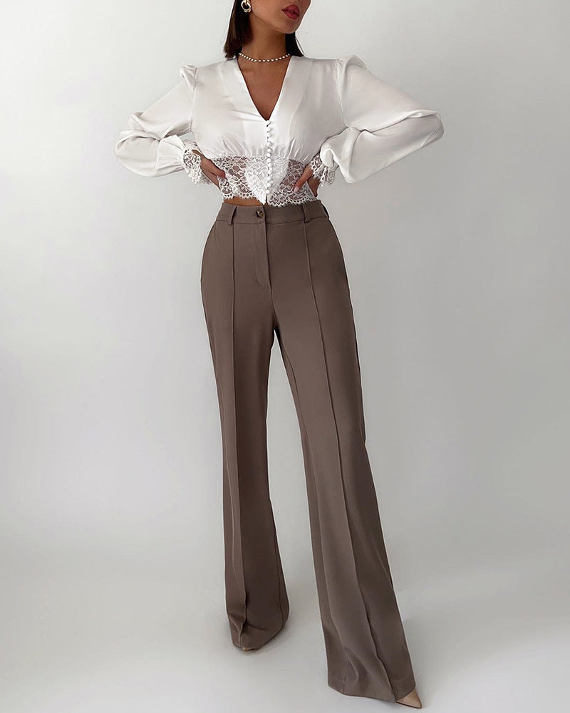 White Design Long-Sleeve Lace Shirt Top