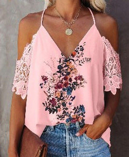 Women Lace V-Neck Open Back Short Sleeve Printed Shirt Top