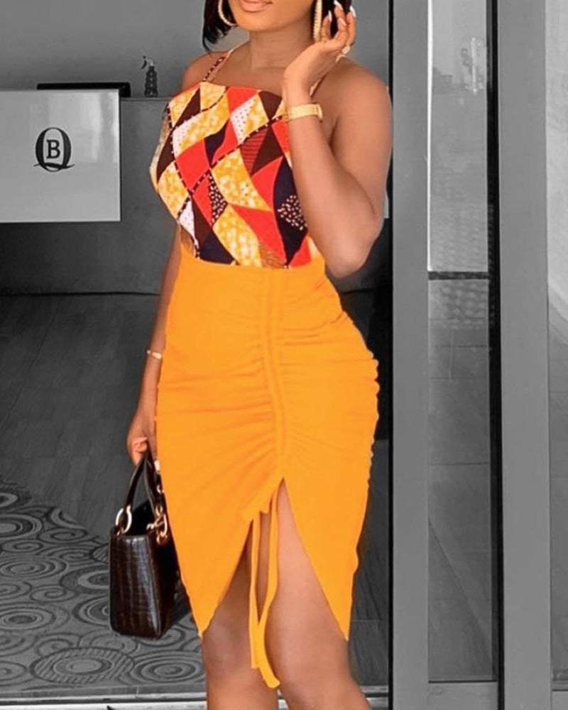 Yellow Print Sling Sleeveless Dress Set