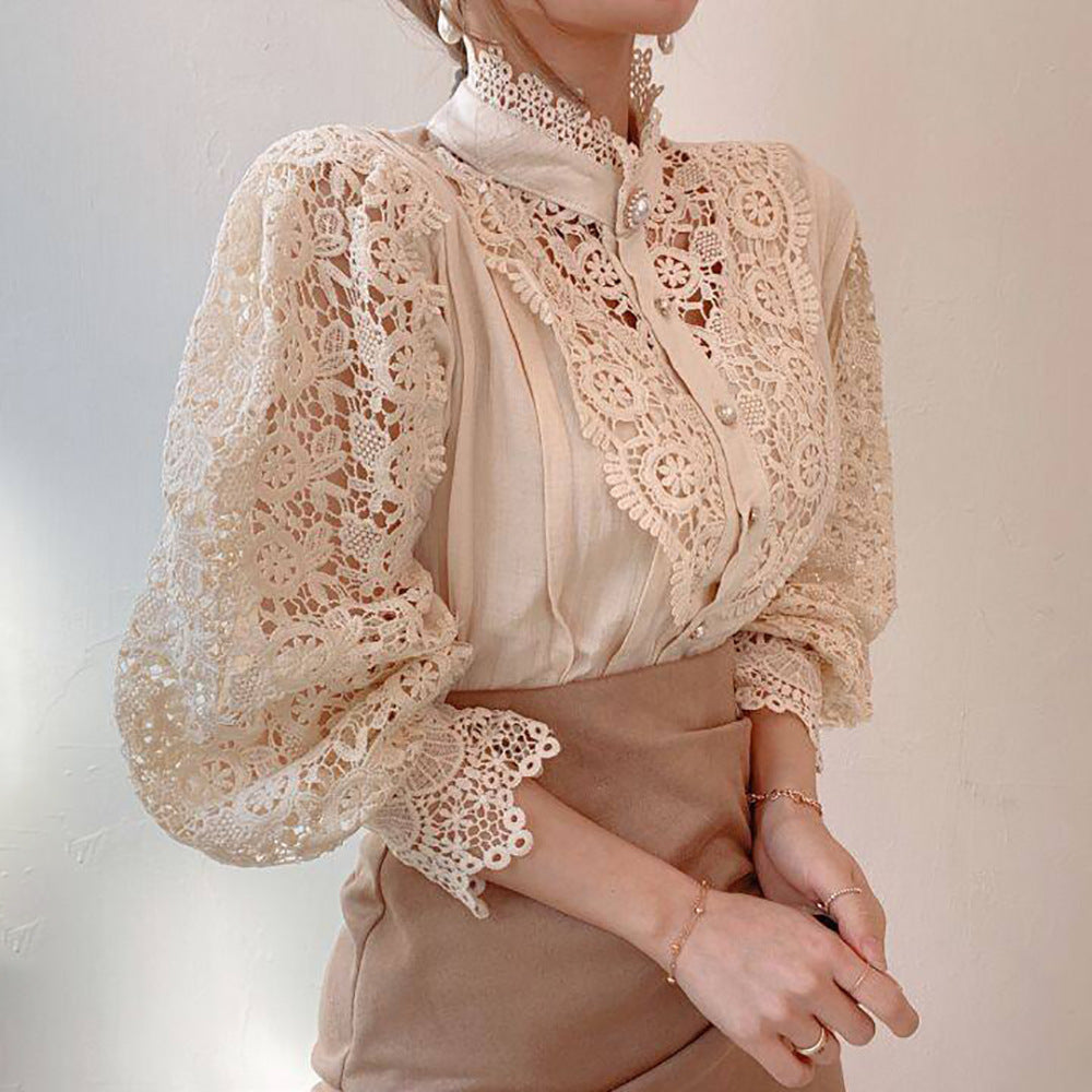 Women's Solid Color Lace Long Sleeve Shirt