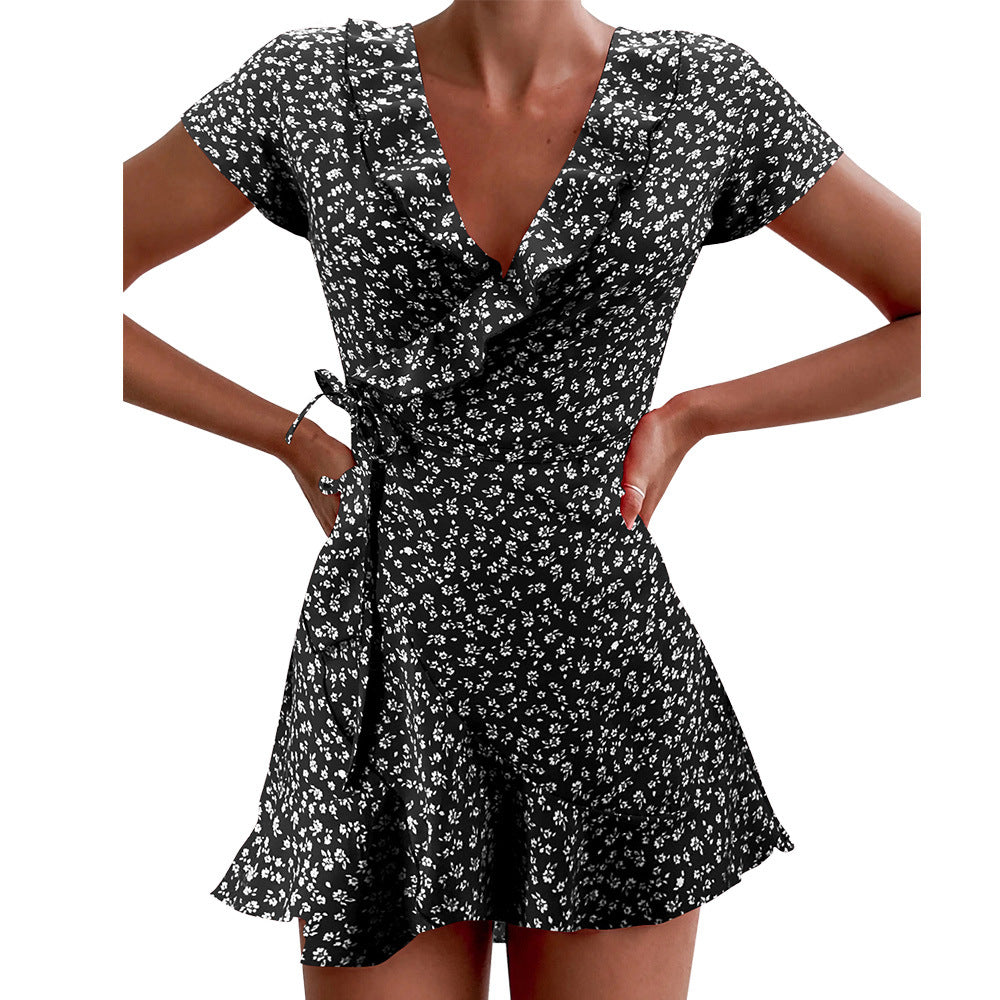Sexy V-Neck Short-Sleeved Flouncing Dress