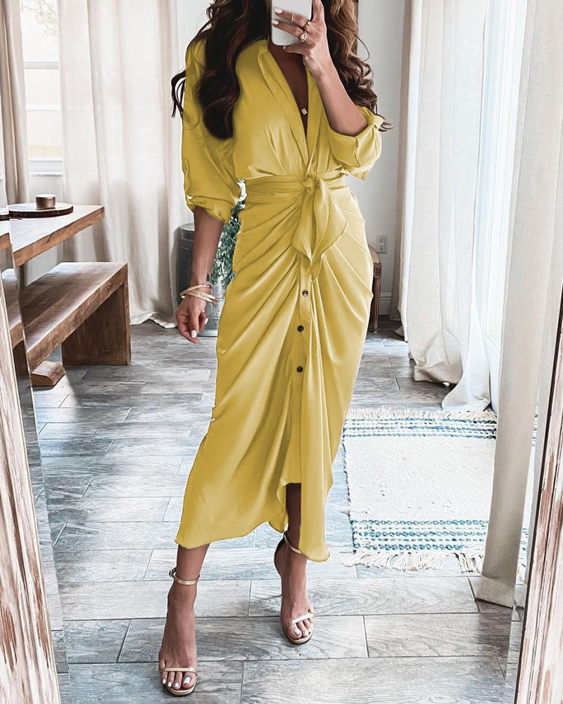 Ladies Long Sleeve V-neck Button Printed Dress