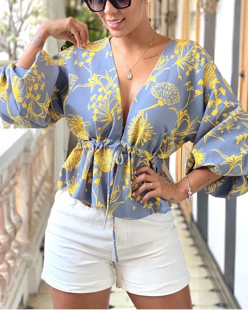 V-Neck Sexy Printed Long-Sleeved Shirt Top
