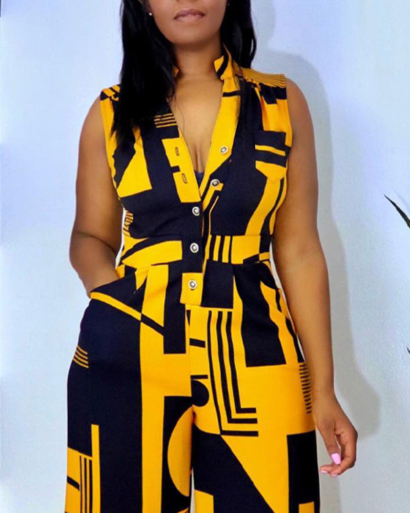 Fashion Sleeveless Button Graphic Print Jumpsuit
