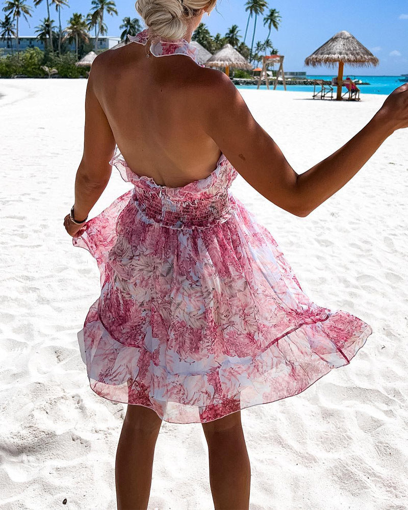Sweet Sleeveless Print Pink Dress