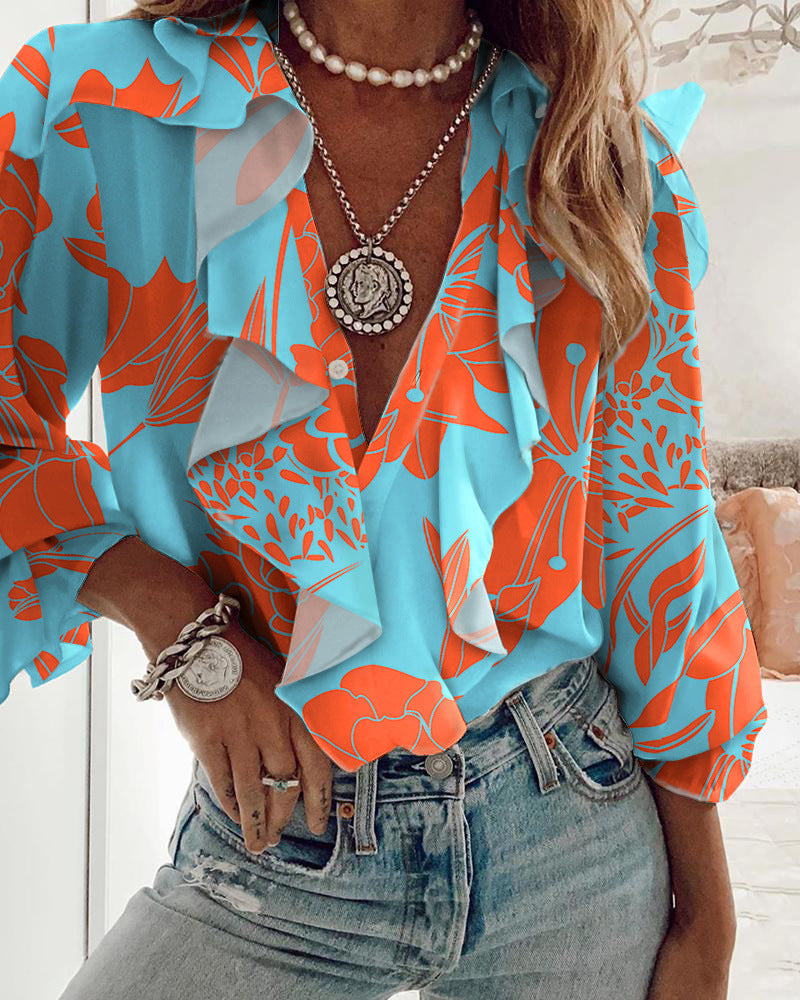Long-Sleeve Women's Print Ruffled Shirt Top