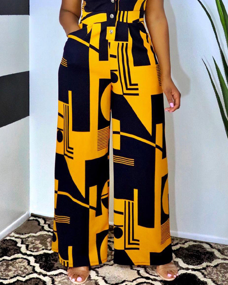 Fashion Sleeveless Button Graphic Print Jumpsuit
