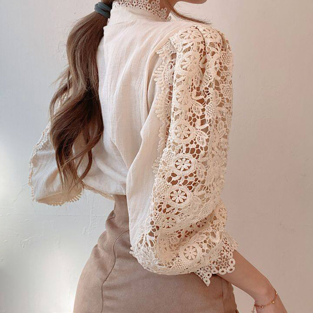 Women's Solid Color Lace Long Sleeve Shirt