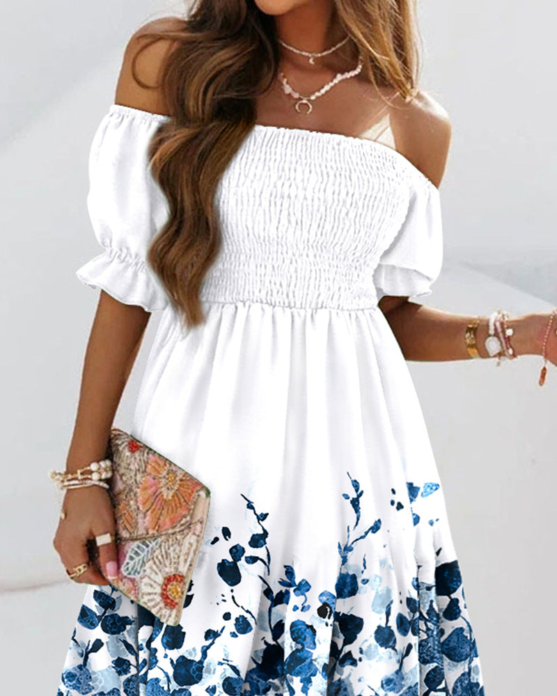 One-Shoulder Short Sleeve Printed Casual Dress