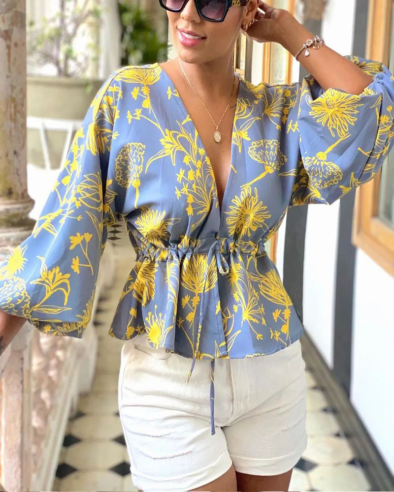V-Neck Sexy Printed Long-Sleeved Shirt Top