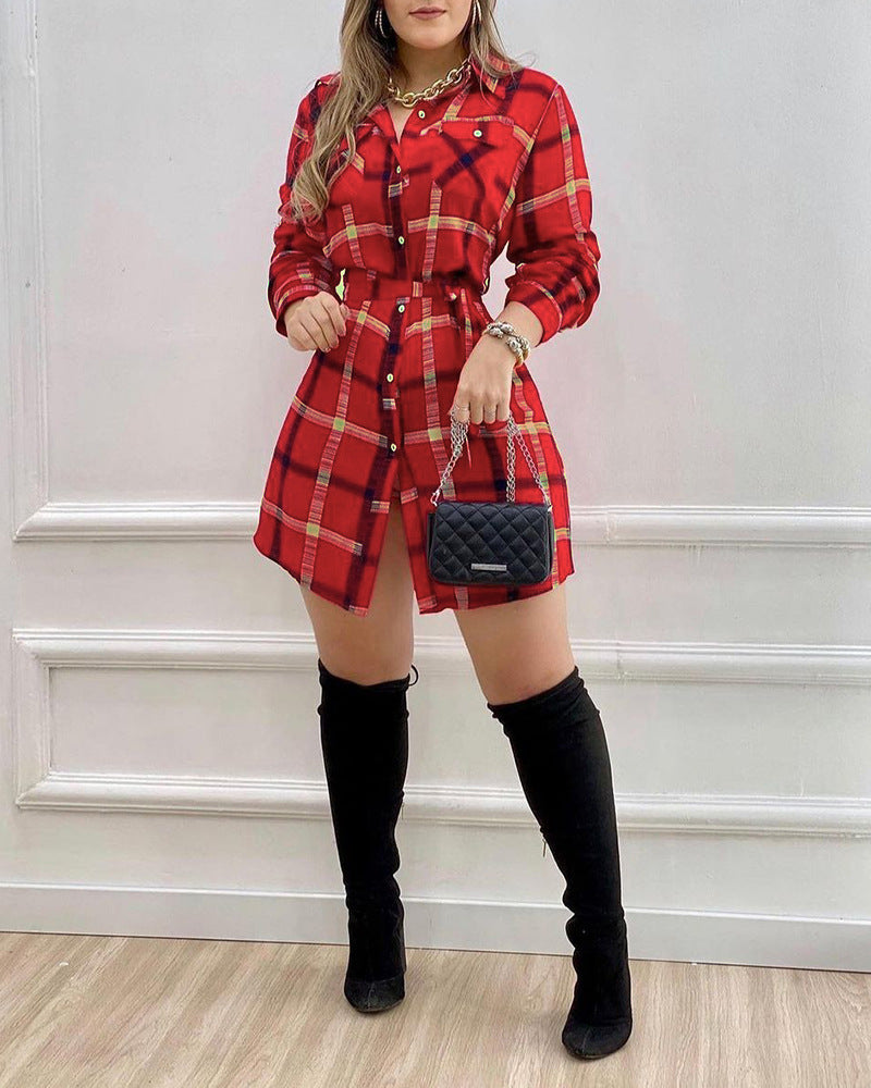Casual Red Check Long Sleeve Dress