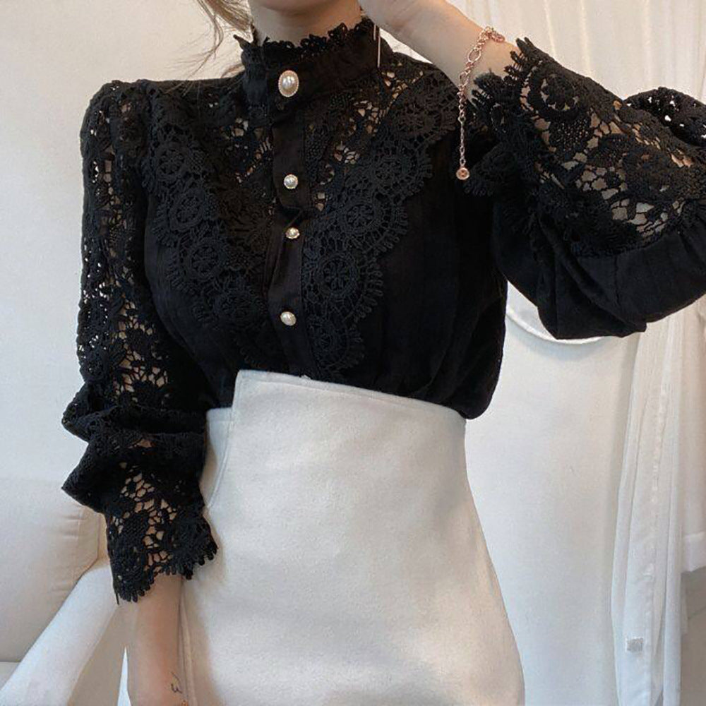 Women's Solid Color Lace Long Sleeve Shirt