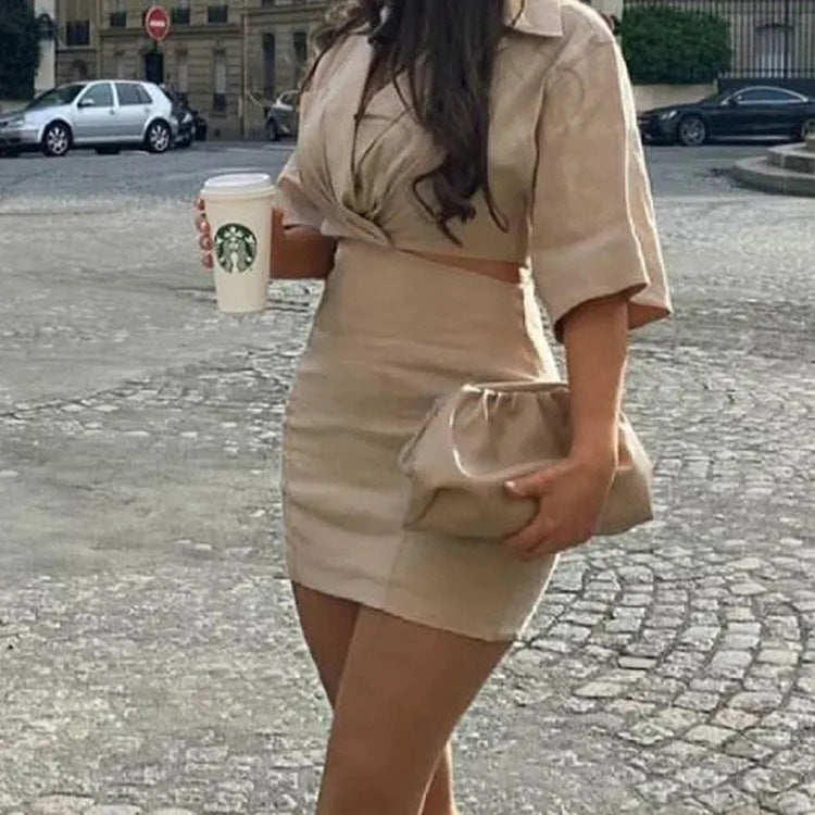 Solid Color Temperament Slim Lapel Bag Hip Dress