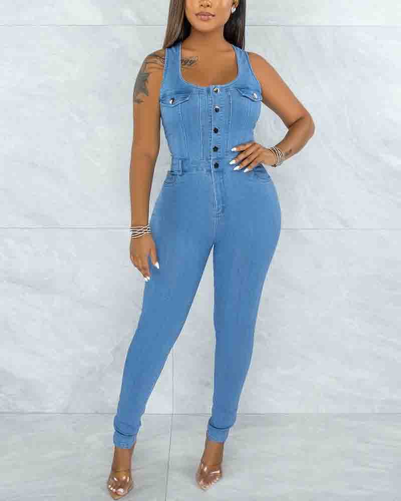 Women'S Button Sleeveless Jumpsuit