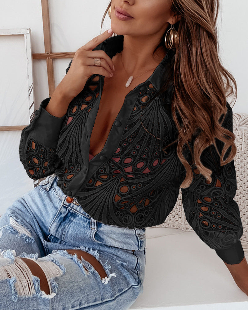 Elegant Long Sleeve Lace Hollow Shirt