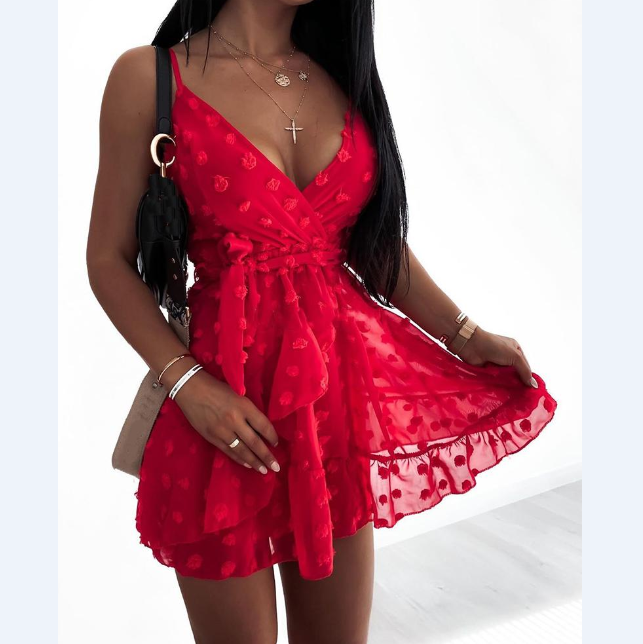 Design V Neck Belt Mini Dress