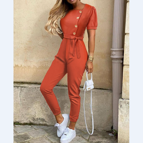 Casual Slim Long-Sleeved V-Neck Jumpsuit