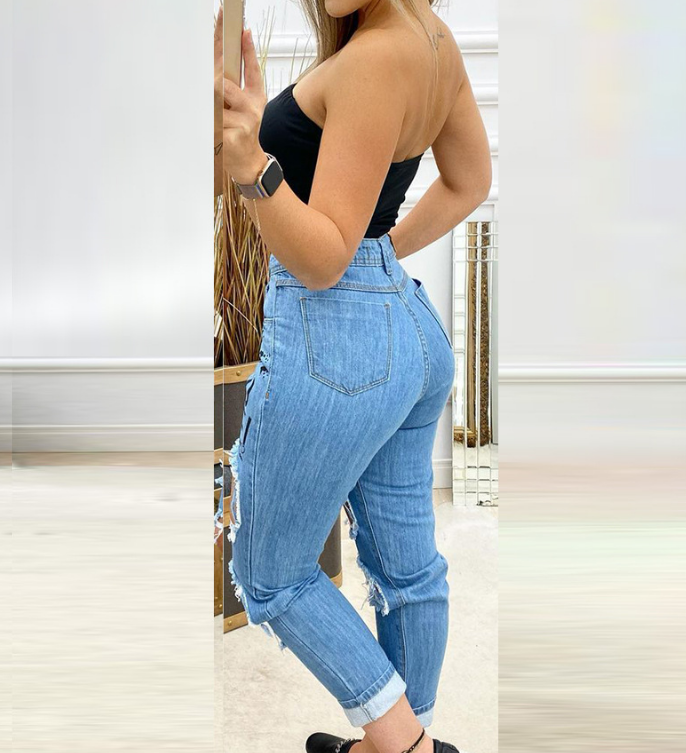 Blue Printed Letters Ripped Jeans