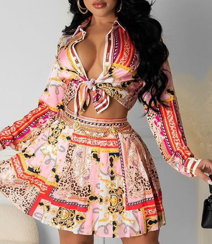 Long Sleeve Women's Pink Print Two-piece Set