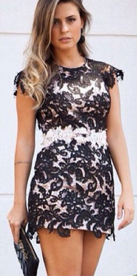 Round Neck Short Sleeve Lace Halter Dress