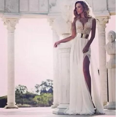 Women Fashion Sexy White Lace Ruffle Dress